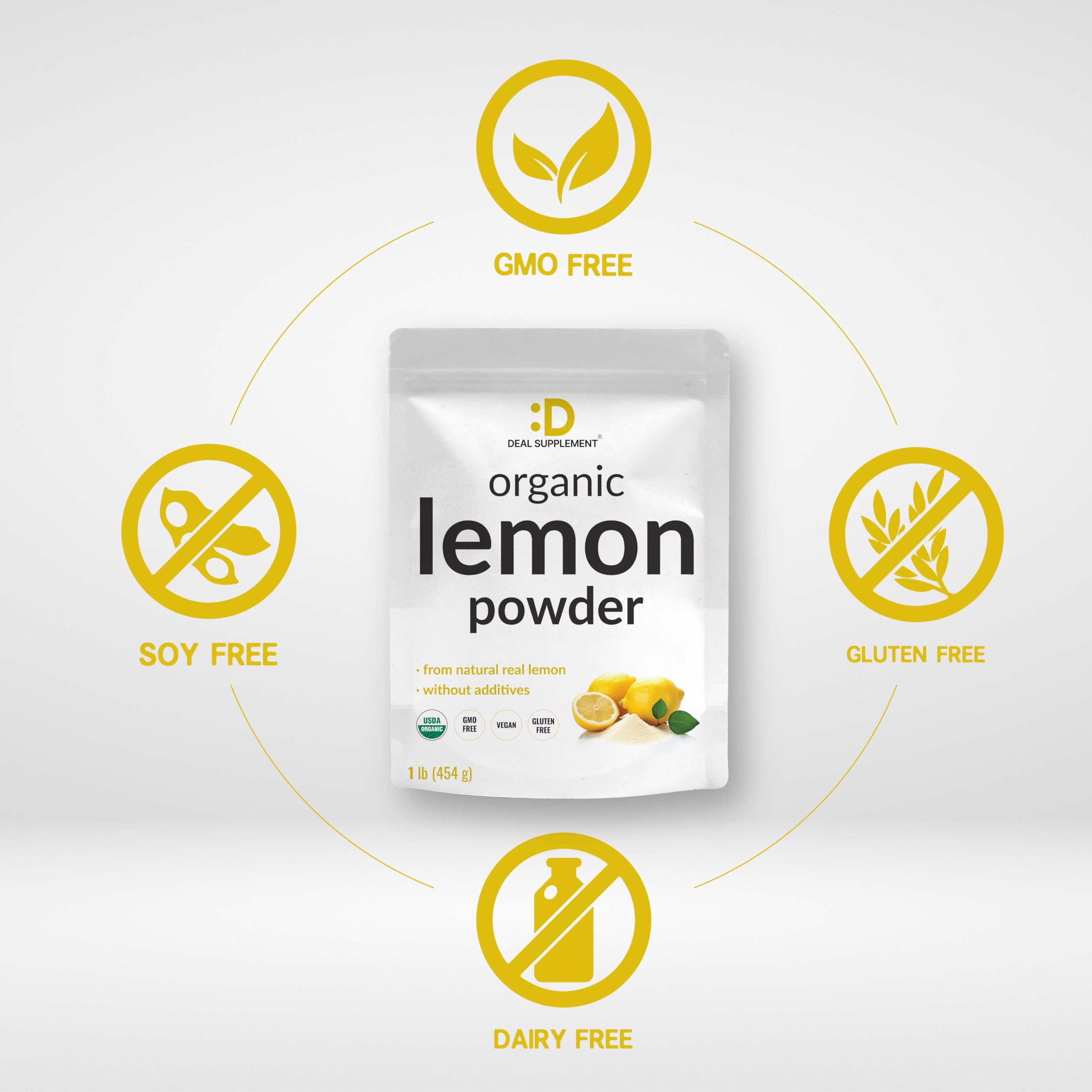 DEAL SUPPLEMENT polvo de limón disolviéndose en batido, realza sabor cítrico