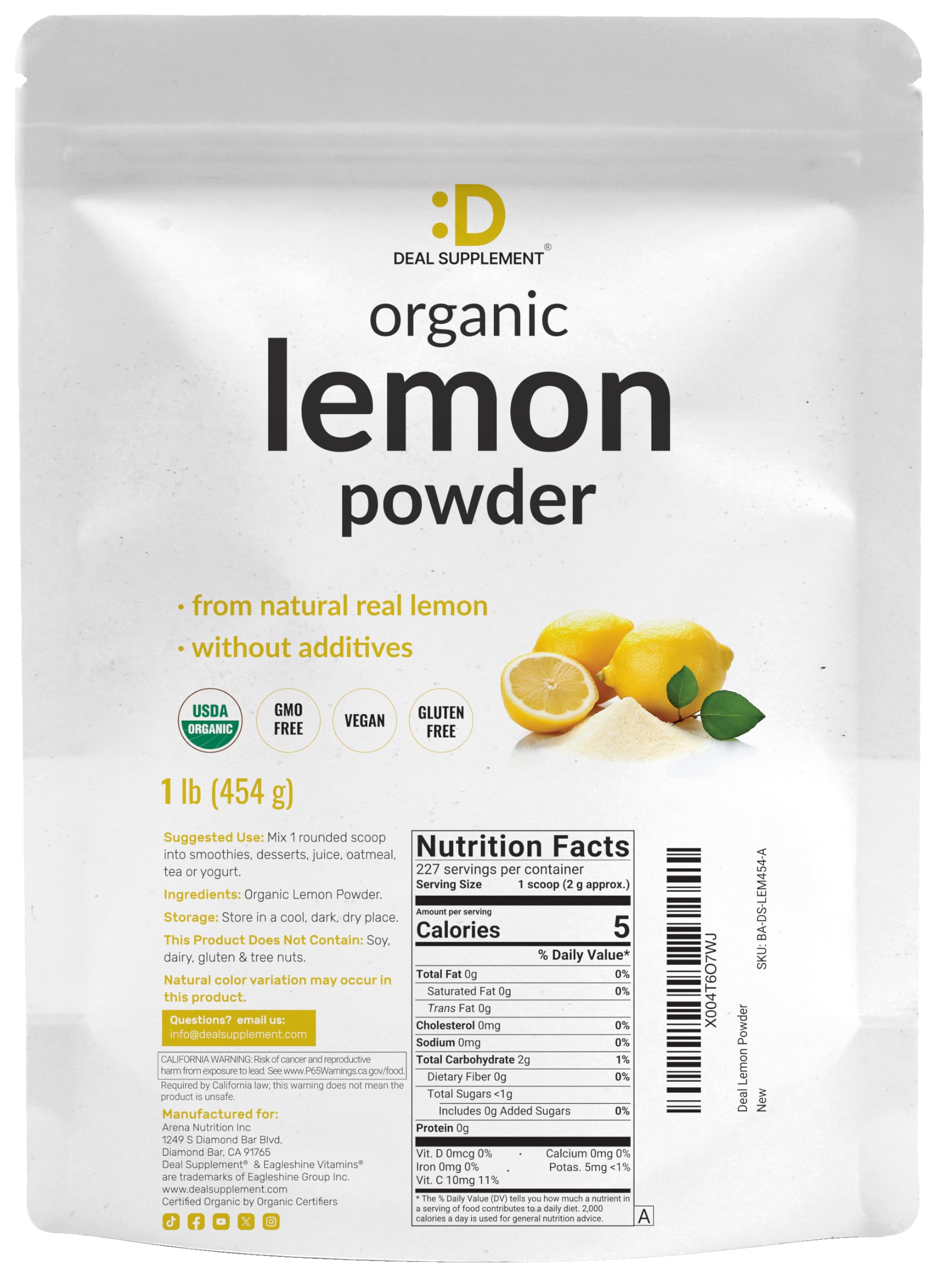 DEAL SUPPLEMENT etiqueta del producto visible, destaca ingredientes orgánicos