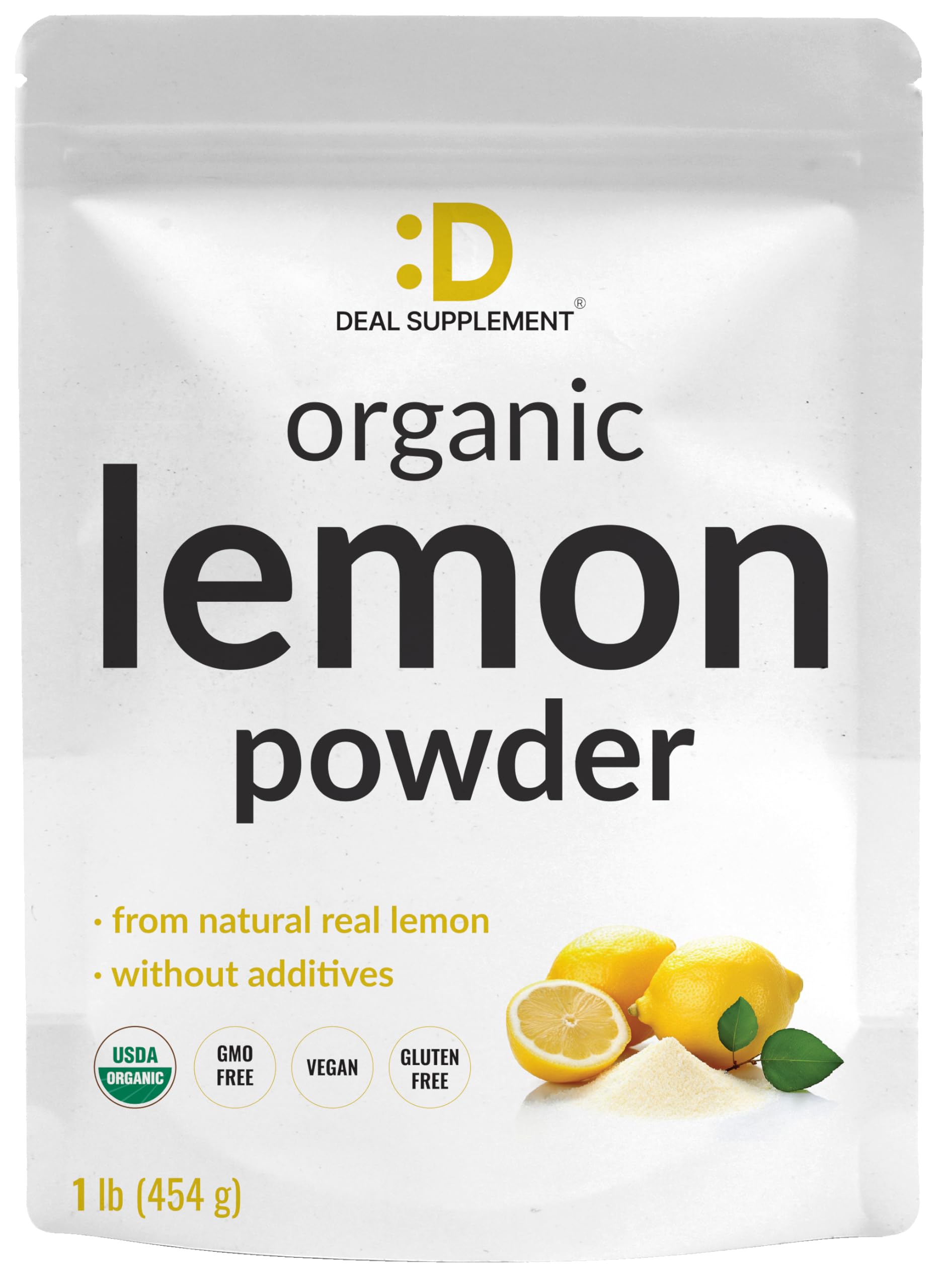 DEAL SUPPLEMENT envase frontal de polvo de limón, presenta sabor natural