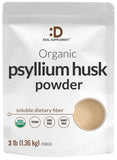DEAL SUPPLEMENT envase frontal de psyllium orgánico mostrando el tamaño y beneficios