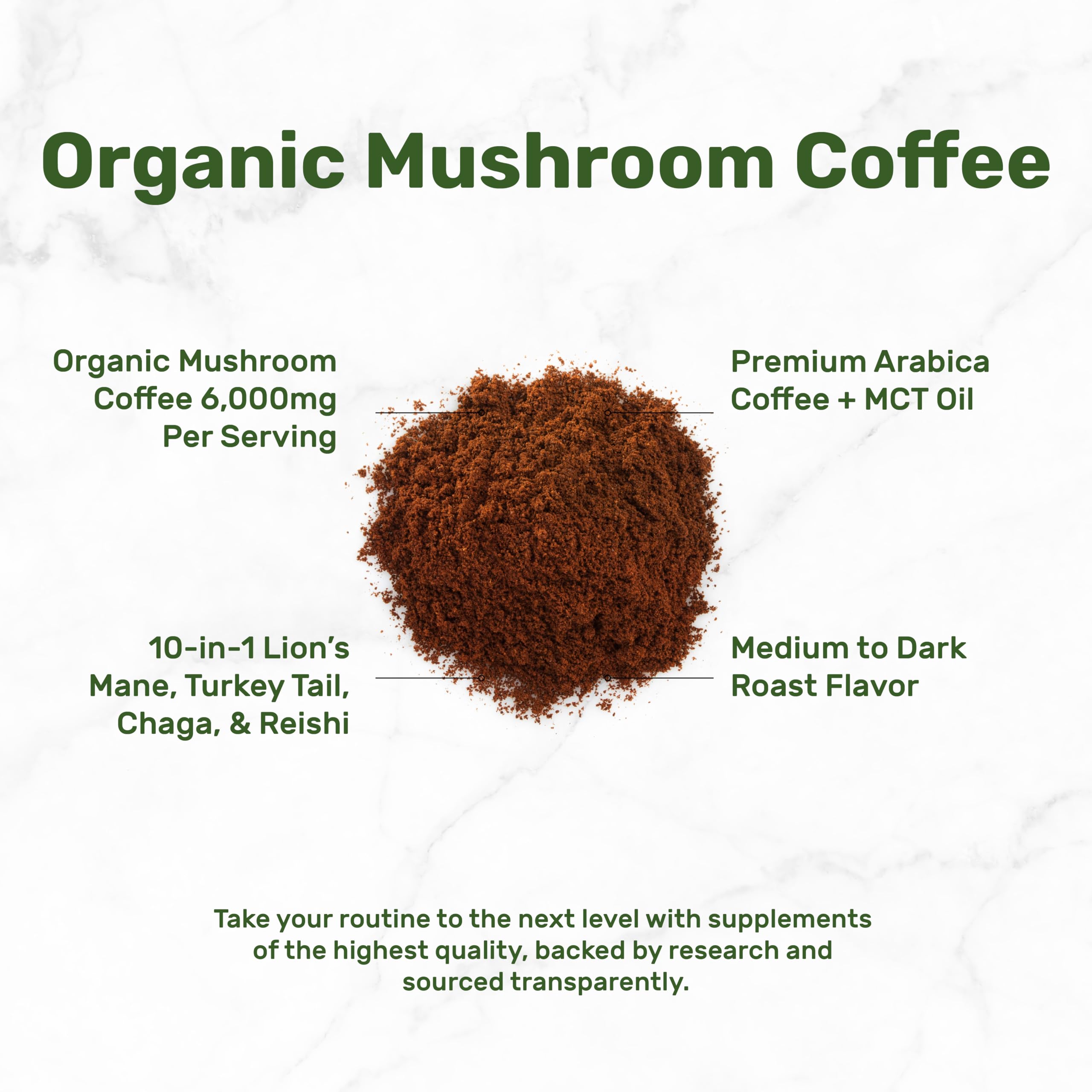 DEAL SUPPLEMENT taza servida con café de hongos, sabor suave y cremoso