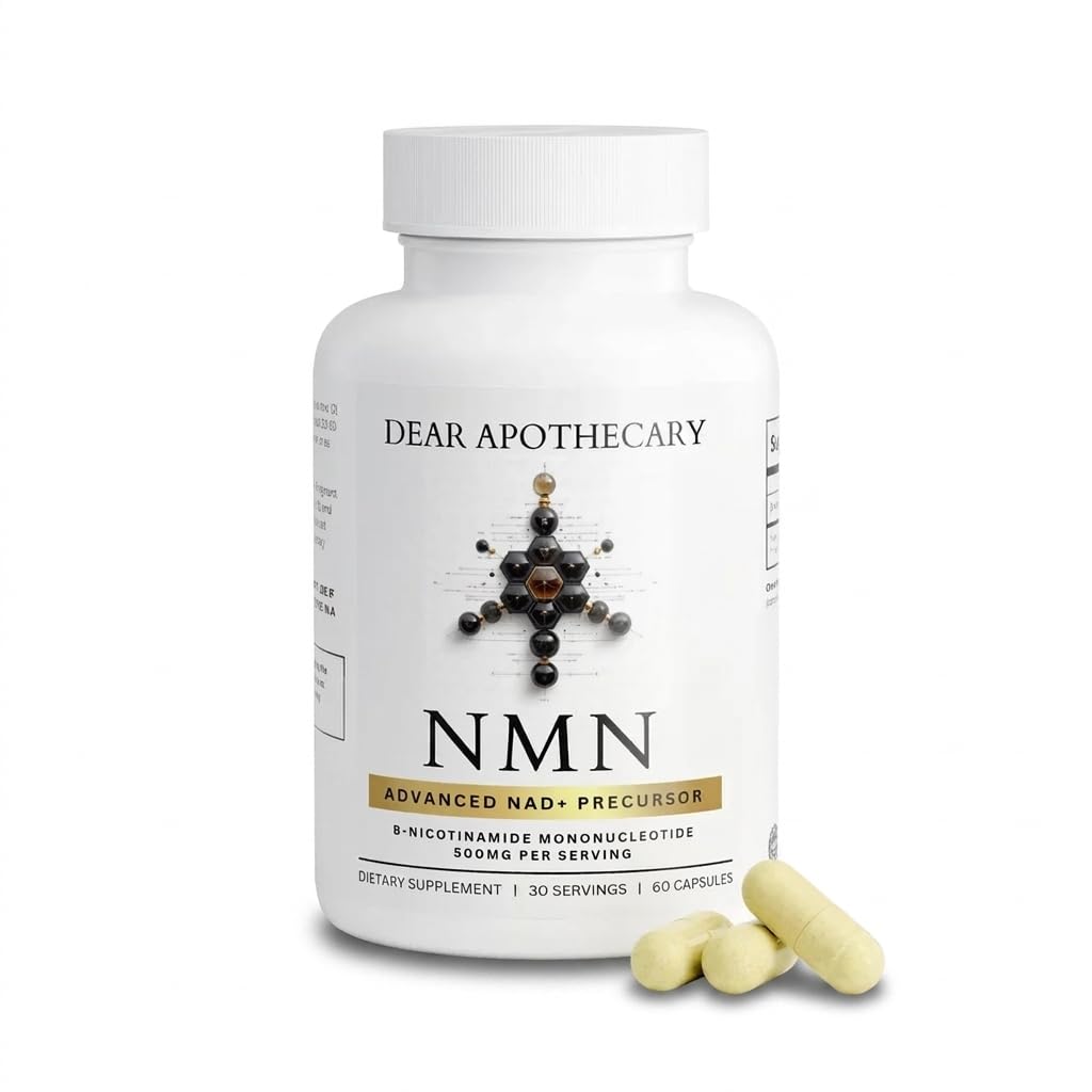 Dear Apothecary frasco frontal mostrando NMN 500 mg y cantidad clara