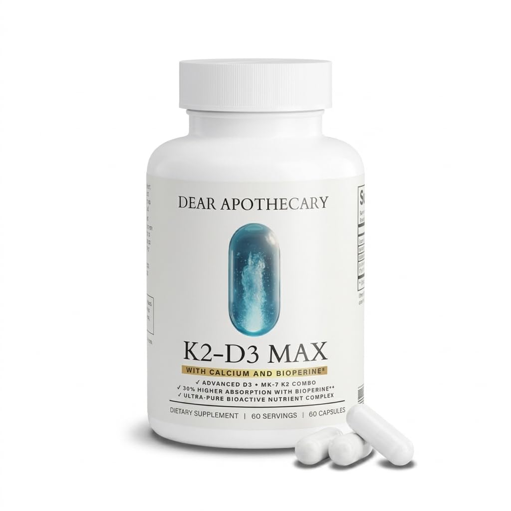 Dear Apothecary envase frontal del suplemento K2-D3 Max mostrando ingredientes clave