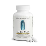 Dear Apothecary envase frontal del suplemento K2-D3 Max mostrando ingredientes clave