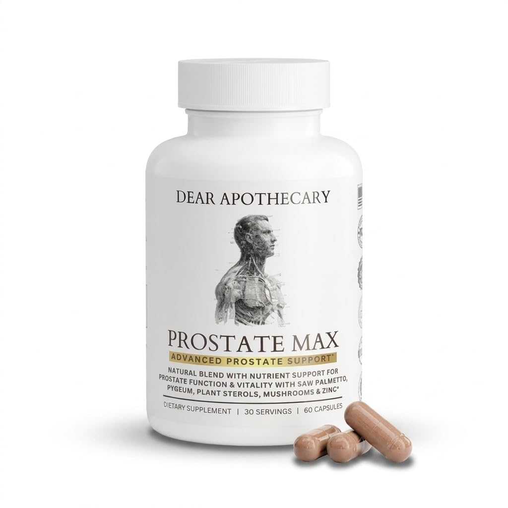 Dear Apothecary envase frontal mostrando fórmula prostática y beneficios