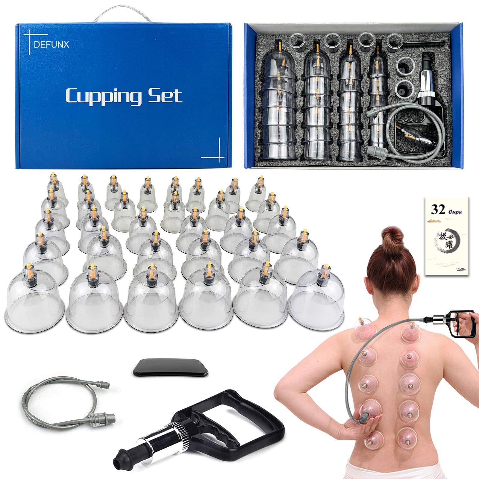 DEFUNX embalaje frontal del kit mostrando 32 ventosas y accesorios, fácil transporte