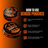 DENSSI lata junto a teléfono para comparar tamaño y cantidad (15 pouches)