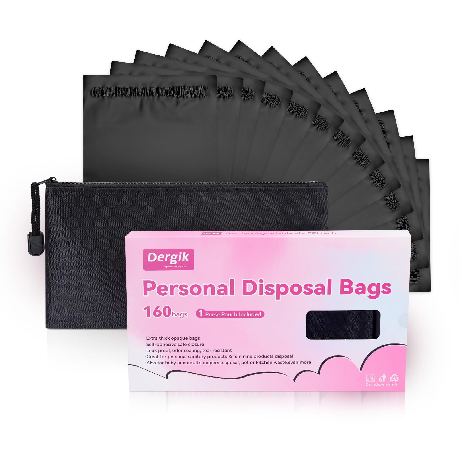 Dergik paquete frontal mostrando 160 bolsas, solución discreta