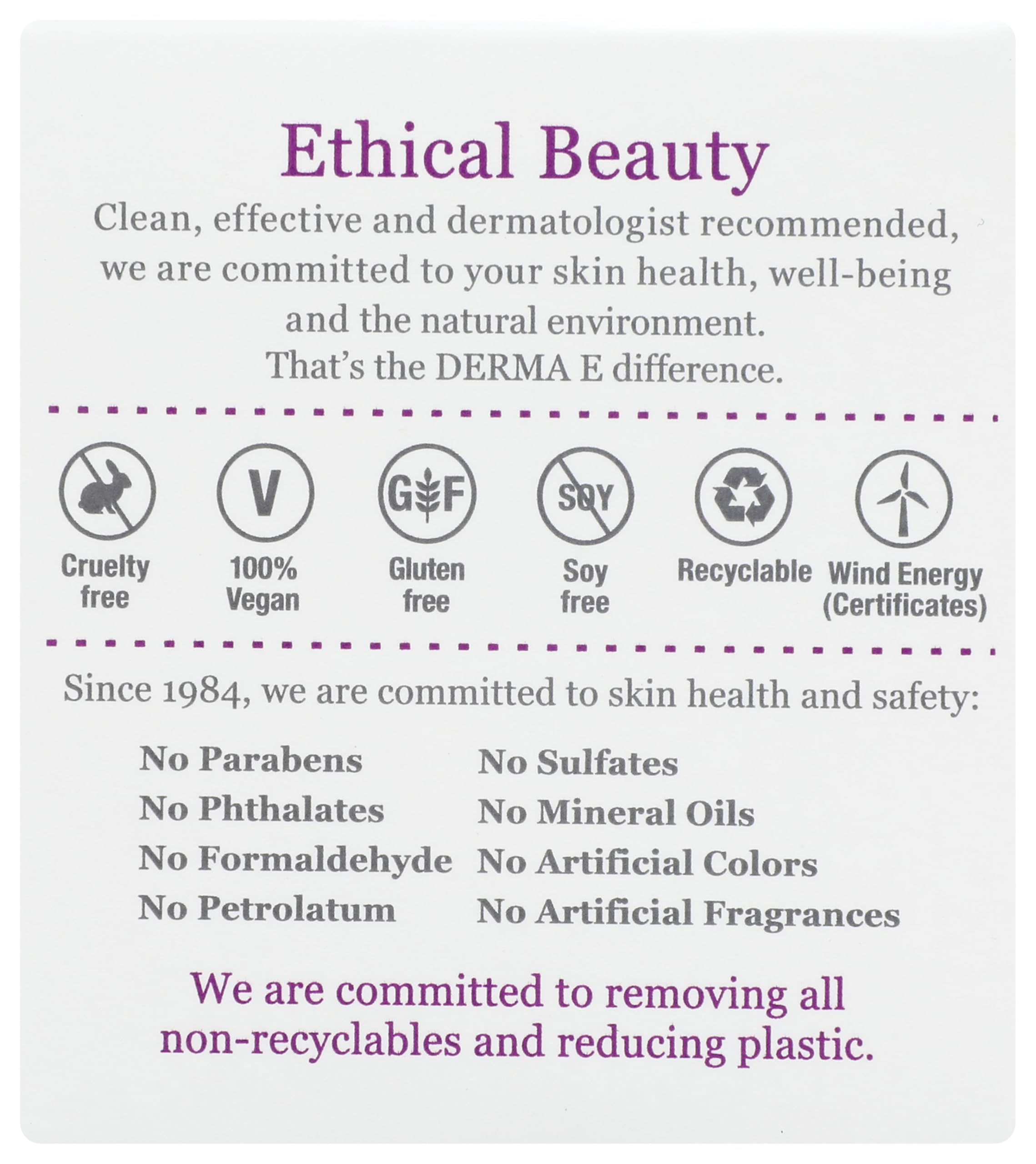 DERMA-E empaque y etiqueta en detalle indicando ingredientes y certificaciones limpias