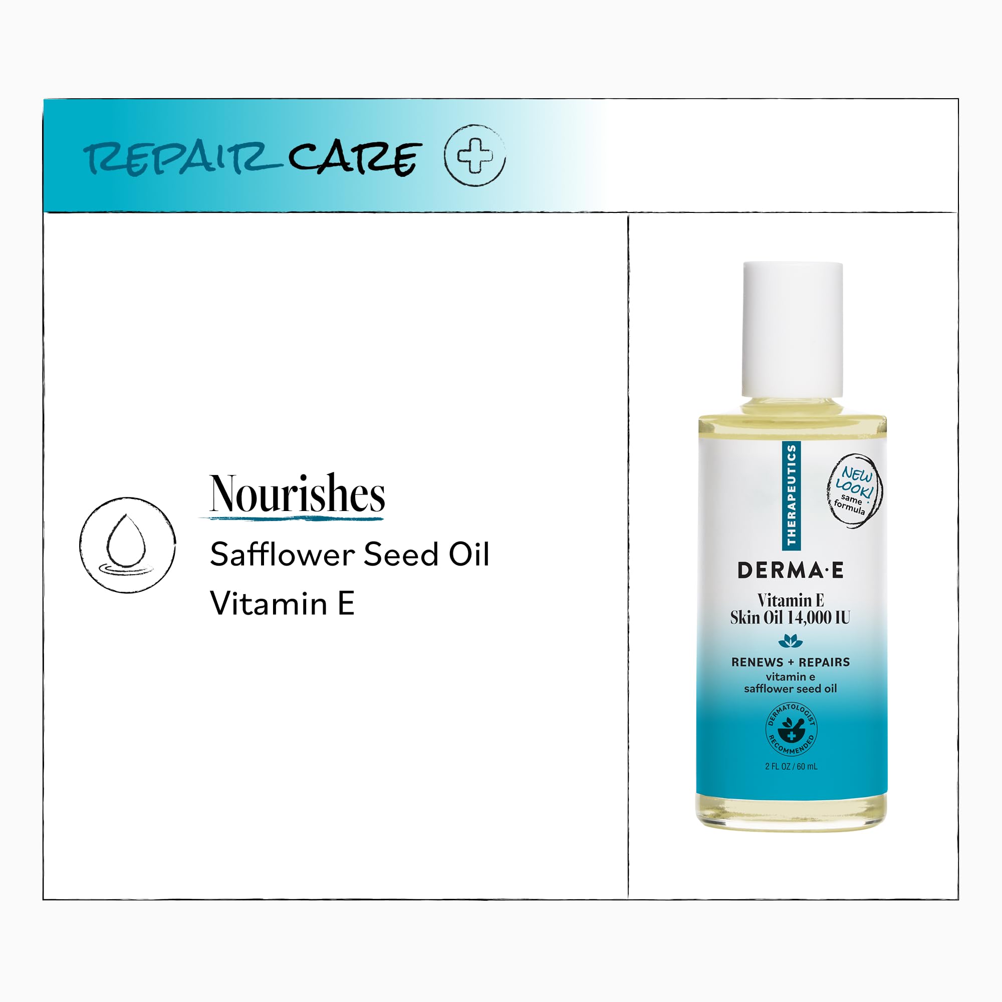 Derma E etiqueta en primer plano indicando vitamina E y fórmula limpia