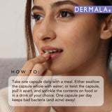 Primer plano del empaque Dermala con lista de nutrientes legible