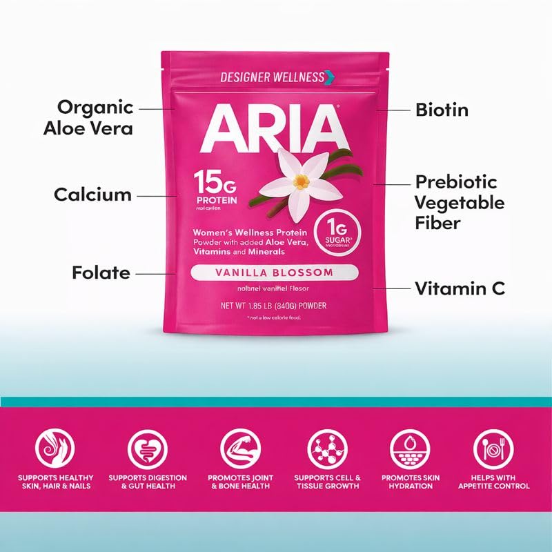 Designer Wellness Aria batido preparado en vaso, aporta 15 g proteína y 90 calorías por porción