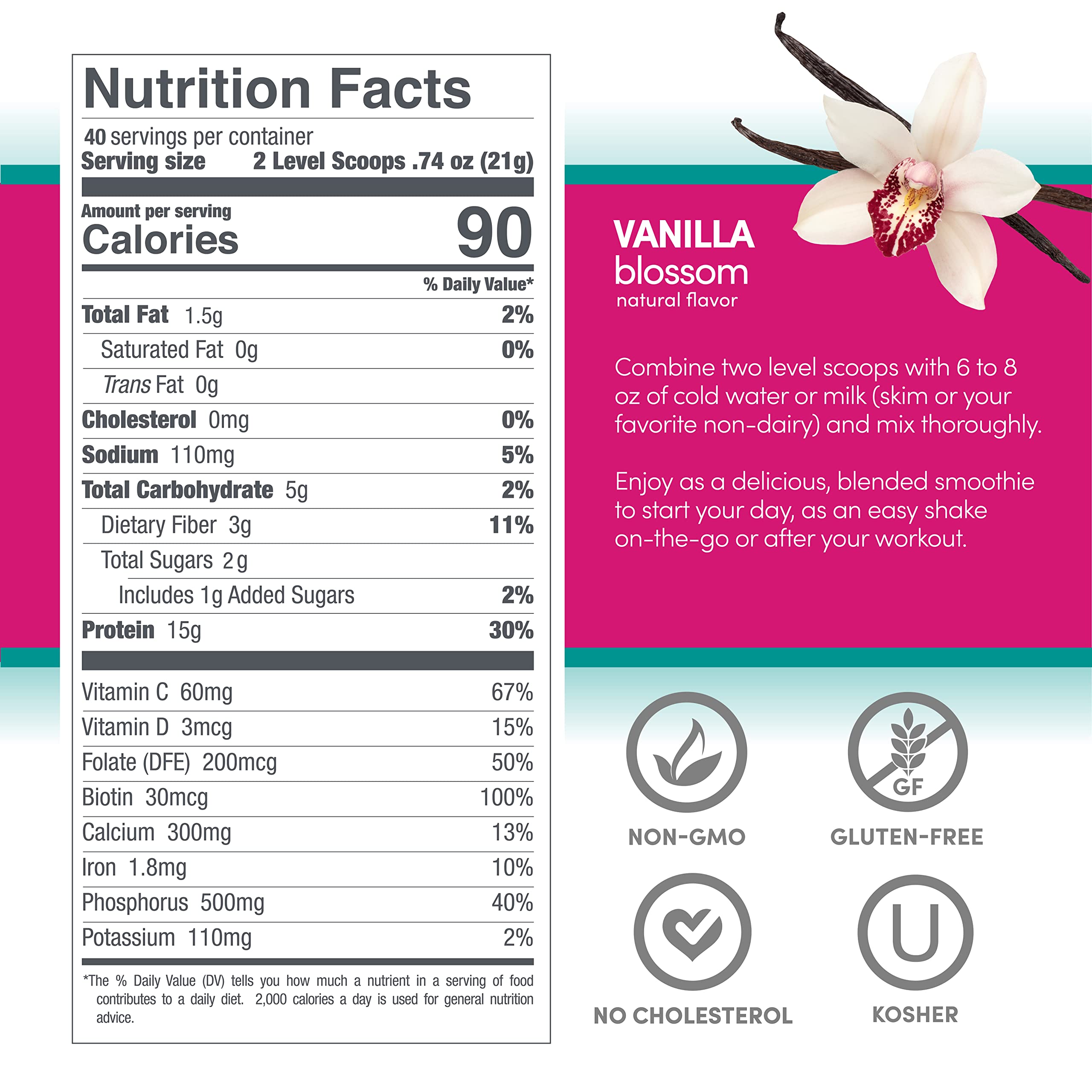 Designer Wellness Aria escena de estilo de vida con batido y frutas, apoyo a rutina saludable