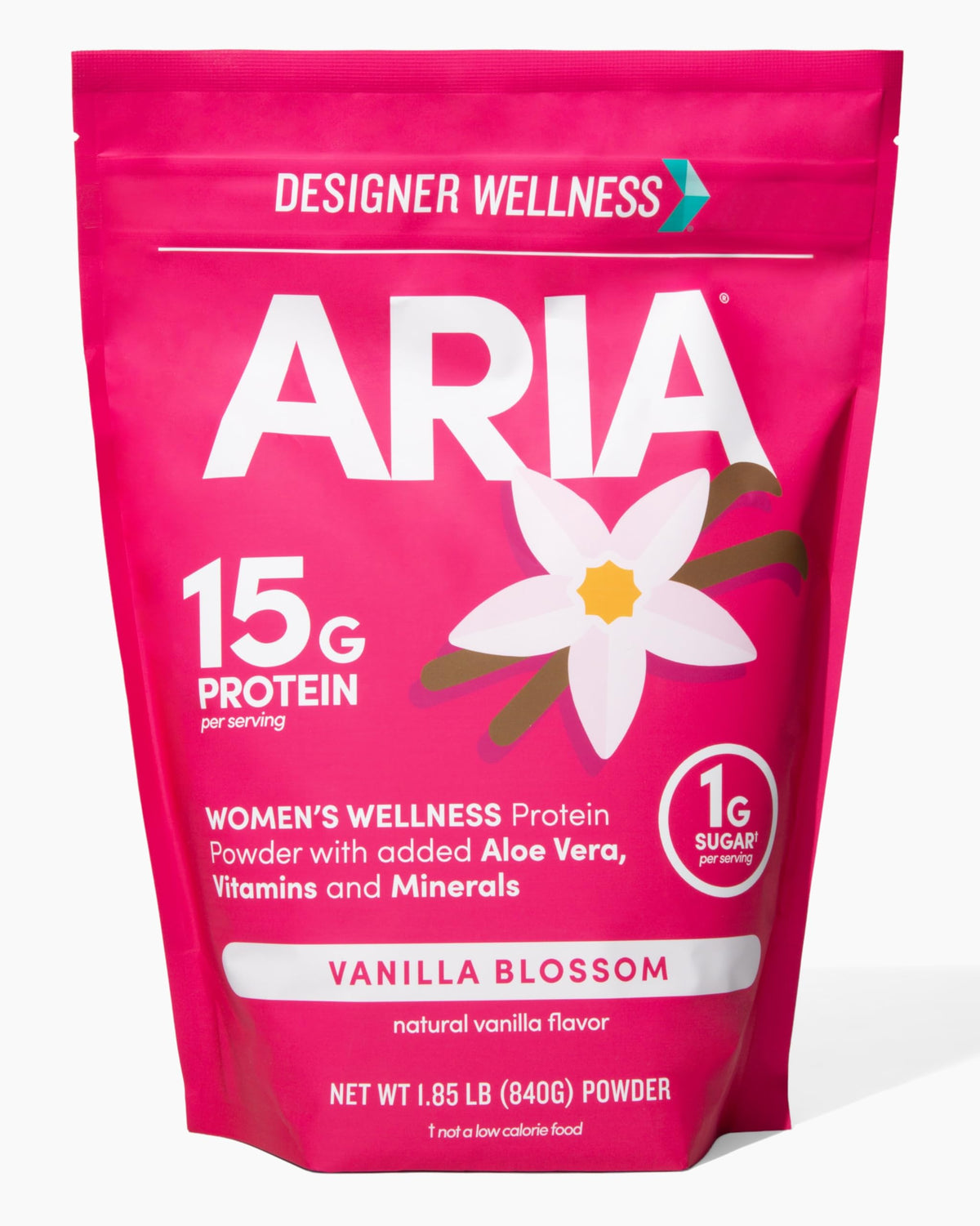 Designer Wellness Aria frente del envase mostrando sabor y peso 1.85 lb, ideal para control calórico