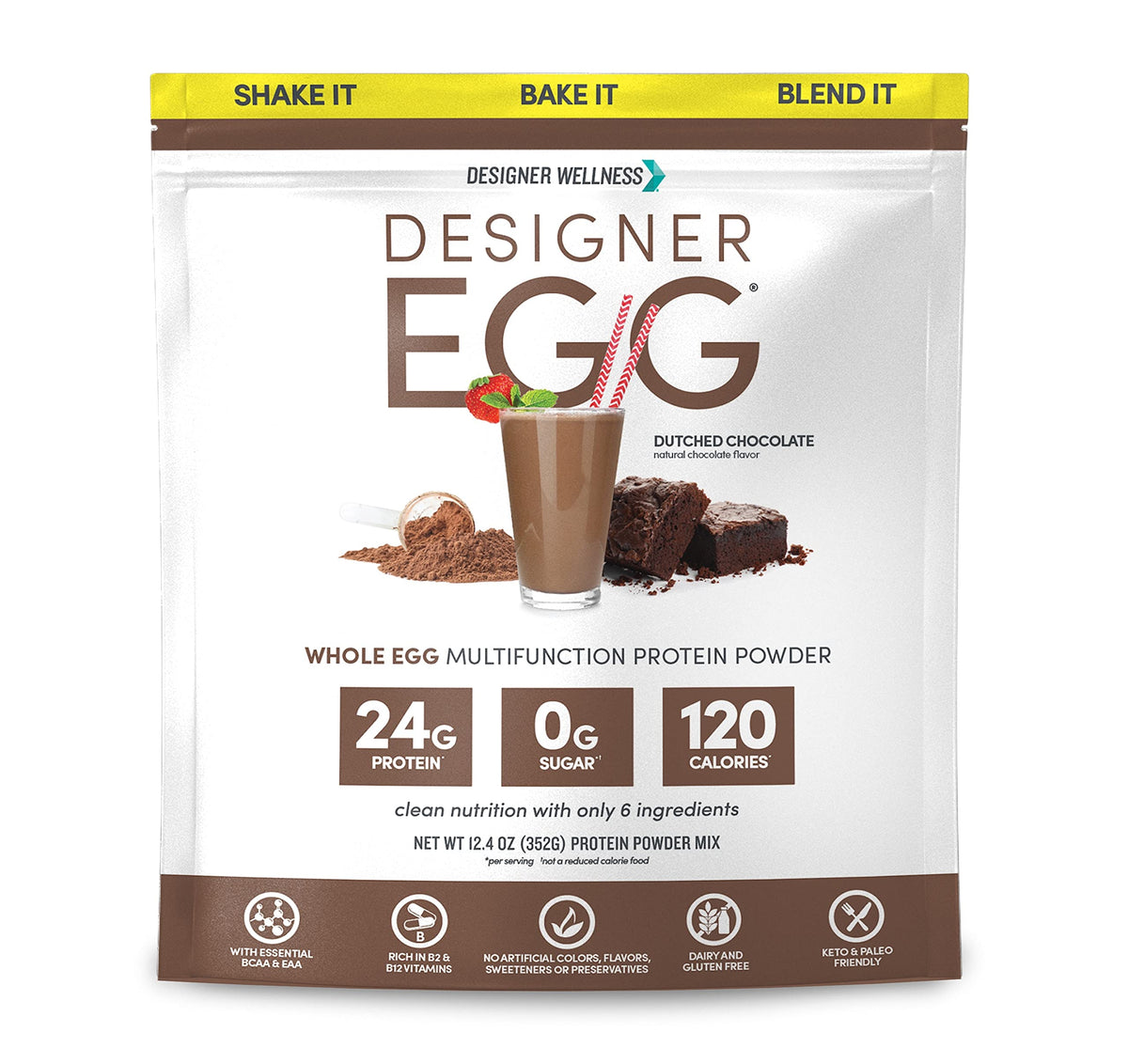 Designer Wellness envase frontal sabor Dutch chocolate mostrando beneficios de proteína