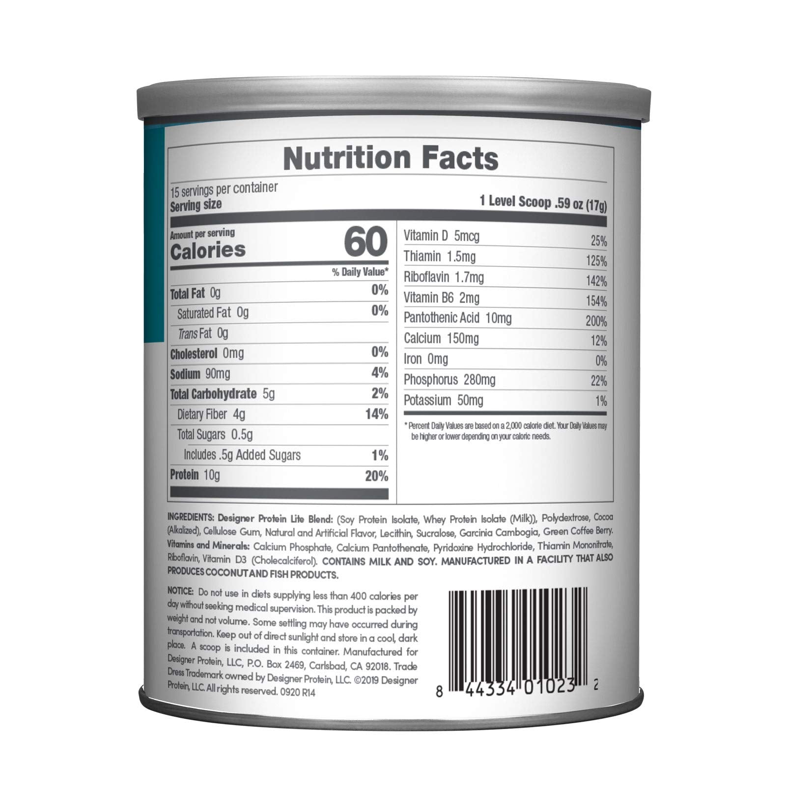 Designer Wellness etiqueta nutricional enfocada en proteínas, vitaminas y prebióticos
