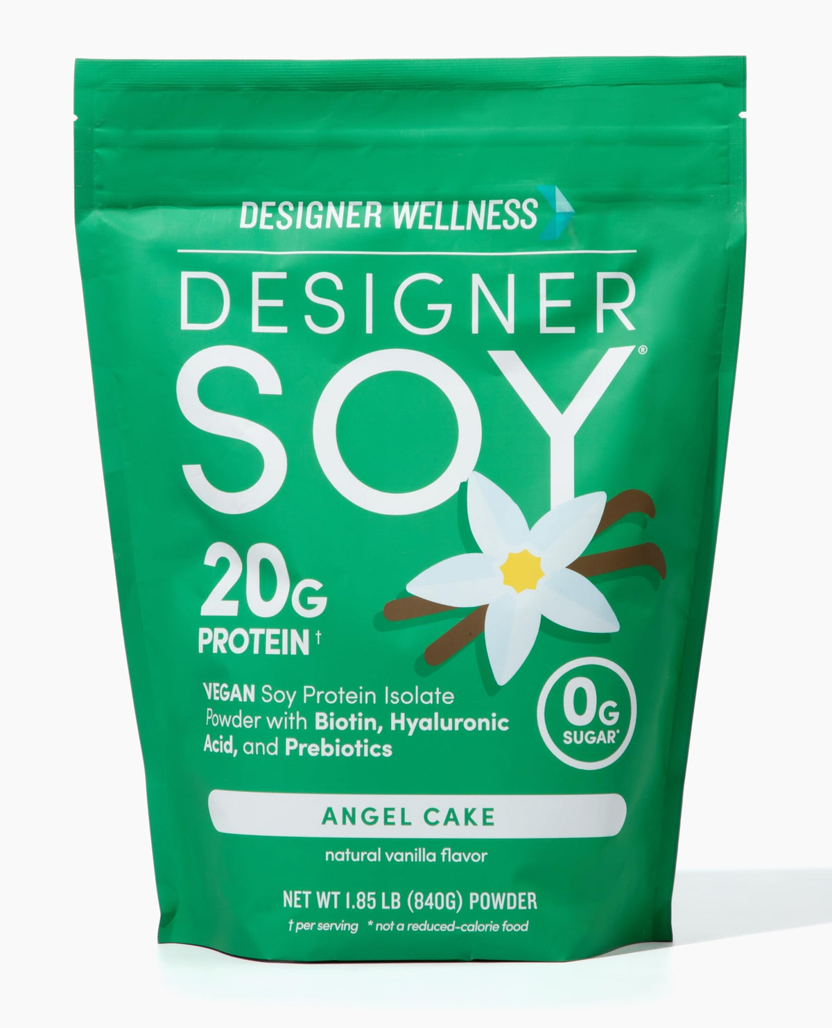 Designer Wellness frasco frente mostrando etiqueta y sabor angel cake vanilla; opción proteica vegana