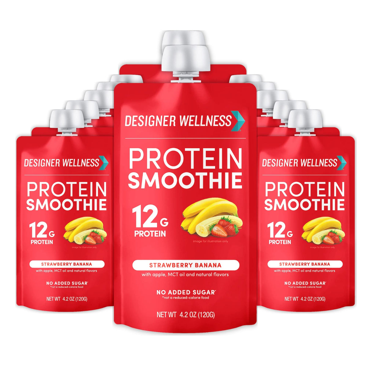 Designer Wellness empaque frontal del pouch mostrando sabor fresa banana y beneficios