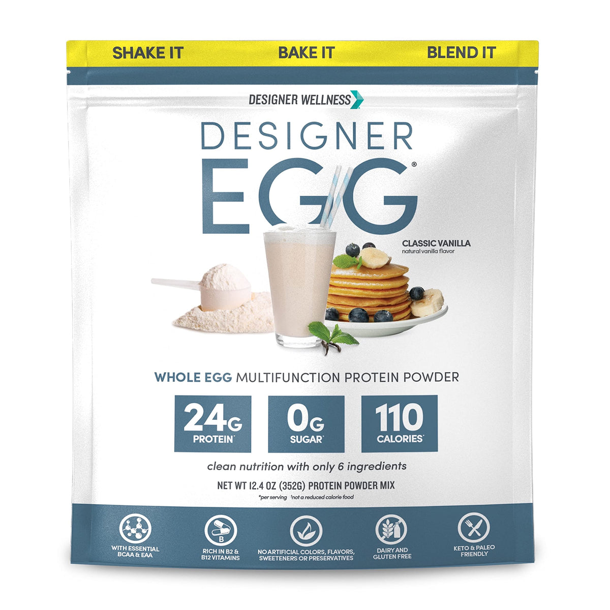 Designer Wellness empaque frontal mostrando el sello keto y beneficio de proteína
