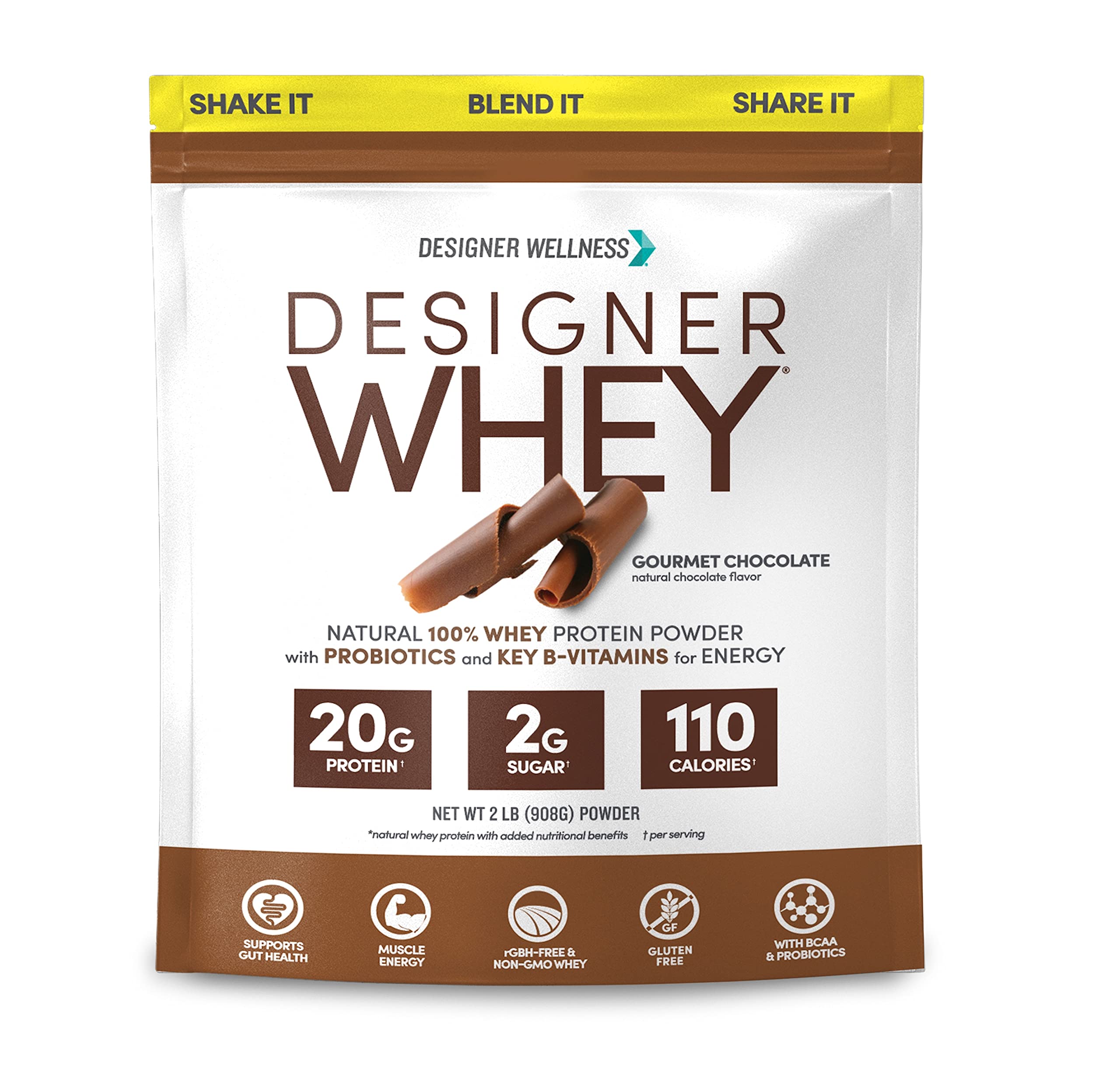 Designer Wellness frente del envase mostrando etiqueta y beneficio de proteína