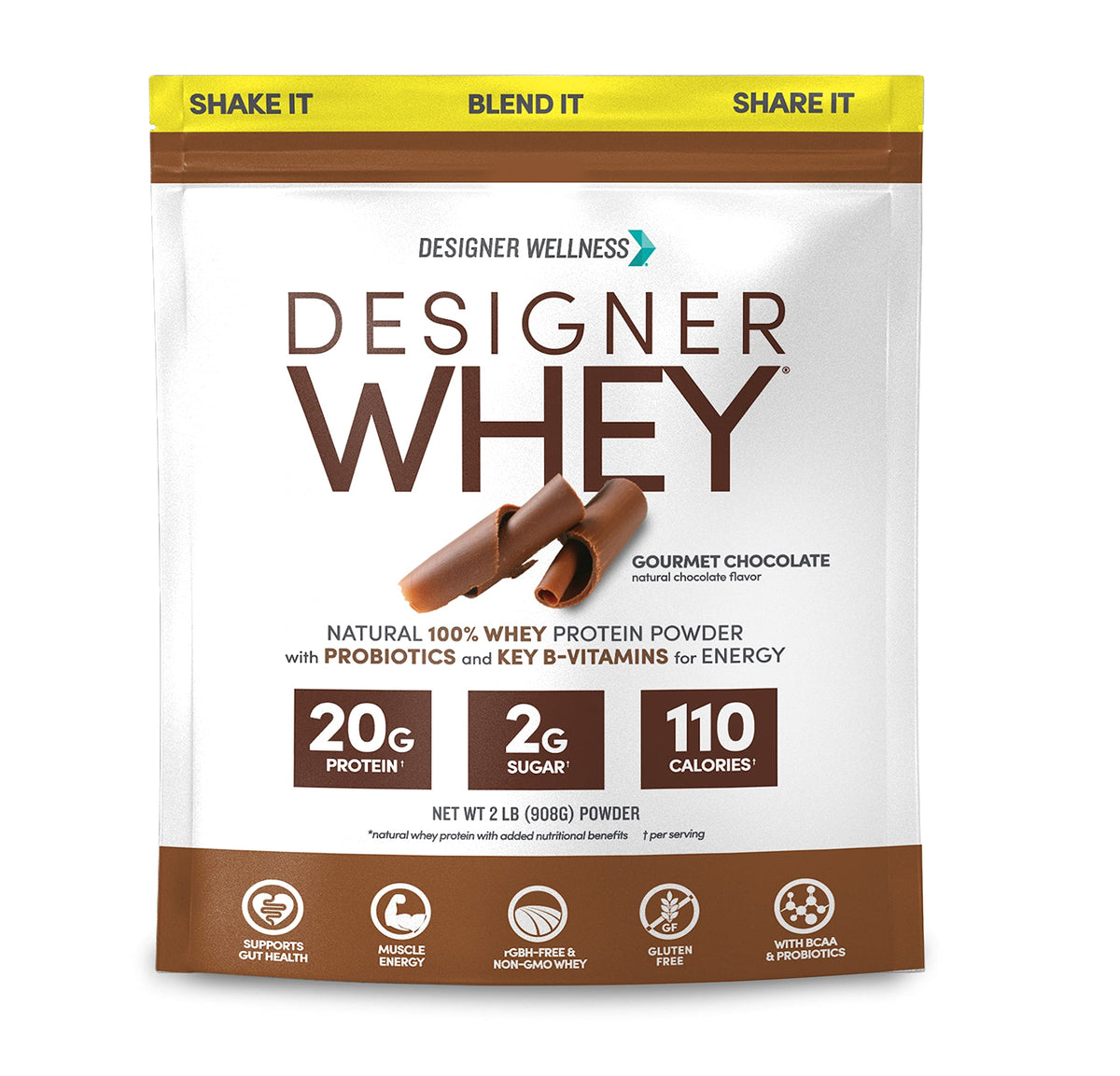 Designer Wellness frente del envase mostrando etiqueta y beneficio de proteína