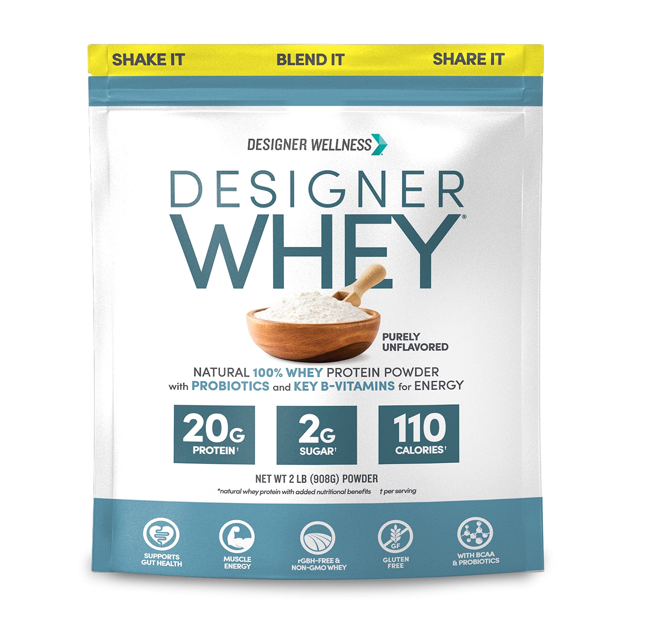 Designer Wellness envase frontal mostrando marca y formato 2 lb, ideal para nutrición limpia