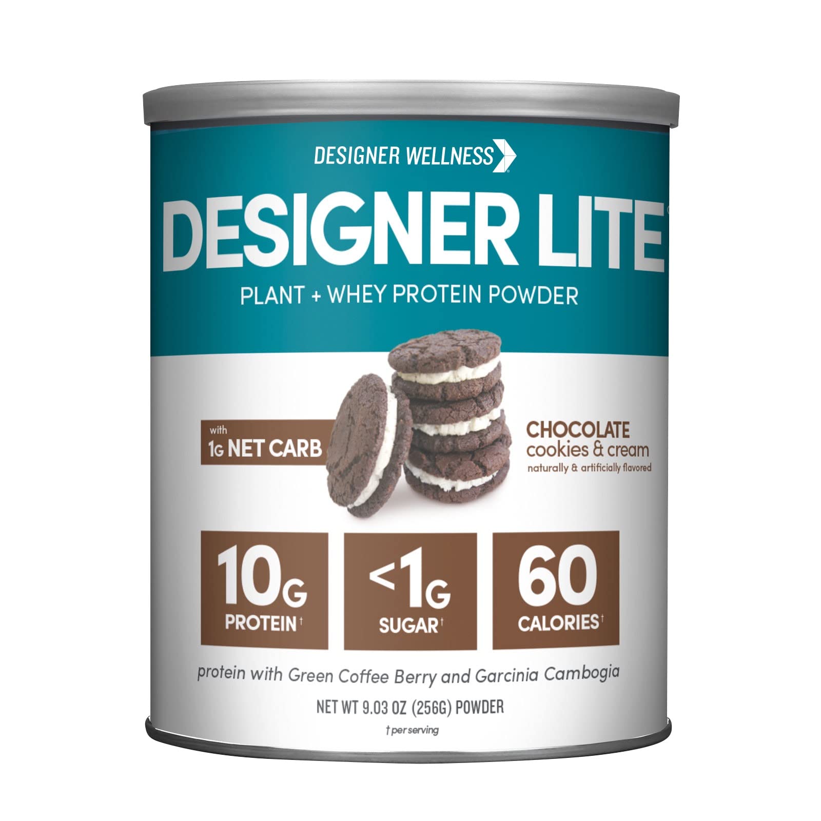 Designer Wellness frontal del envase mostrando sabor Chocolate Cookies & Cream y beneficios
