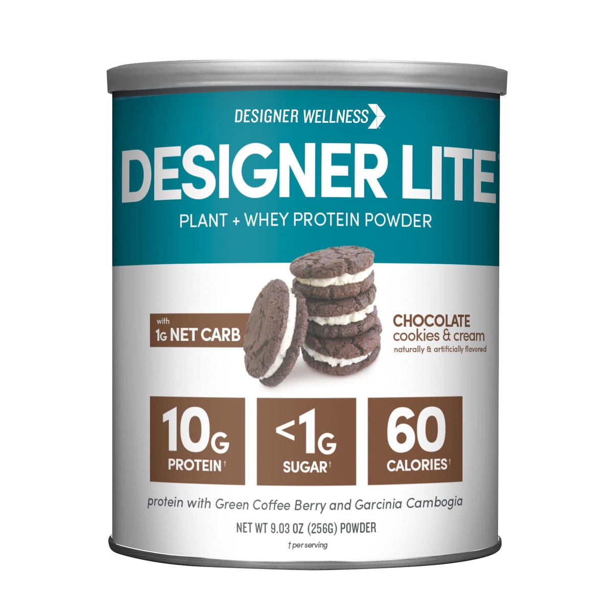 Designer Wellness frontal del envase mostrando sabor Chocolate Cookies & Cream y beneficios