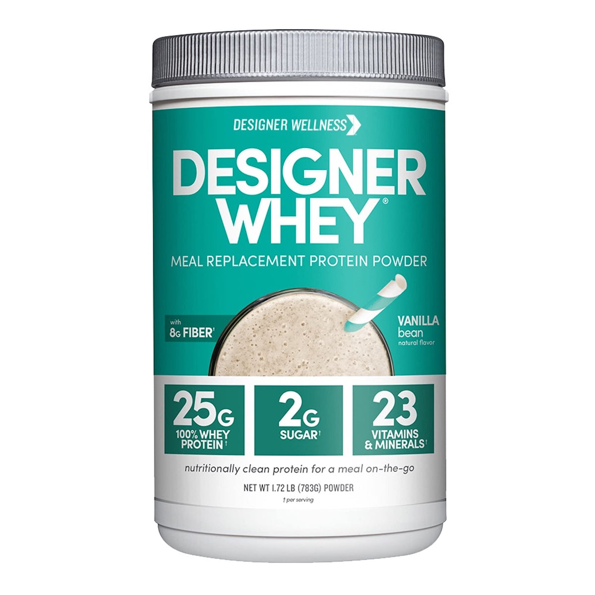 Designer Wellness envase frontal mostrando vainilla y beneficio saciante