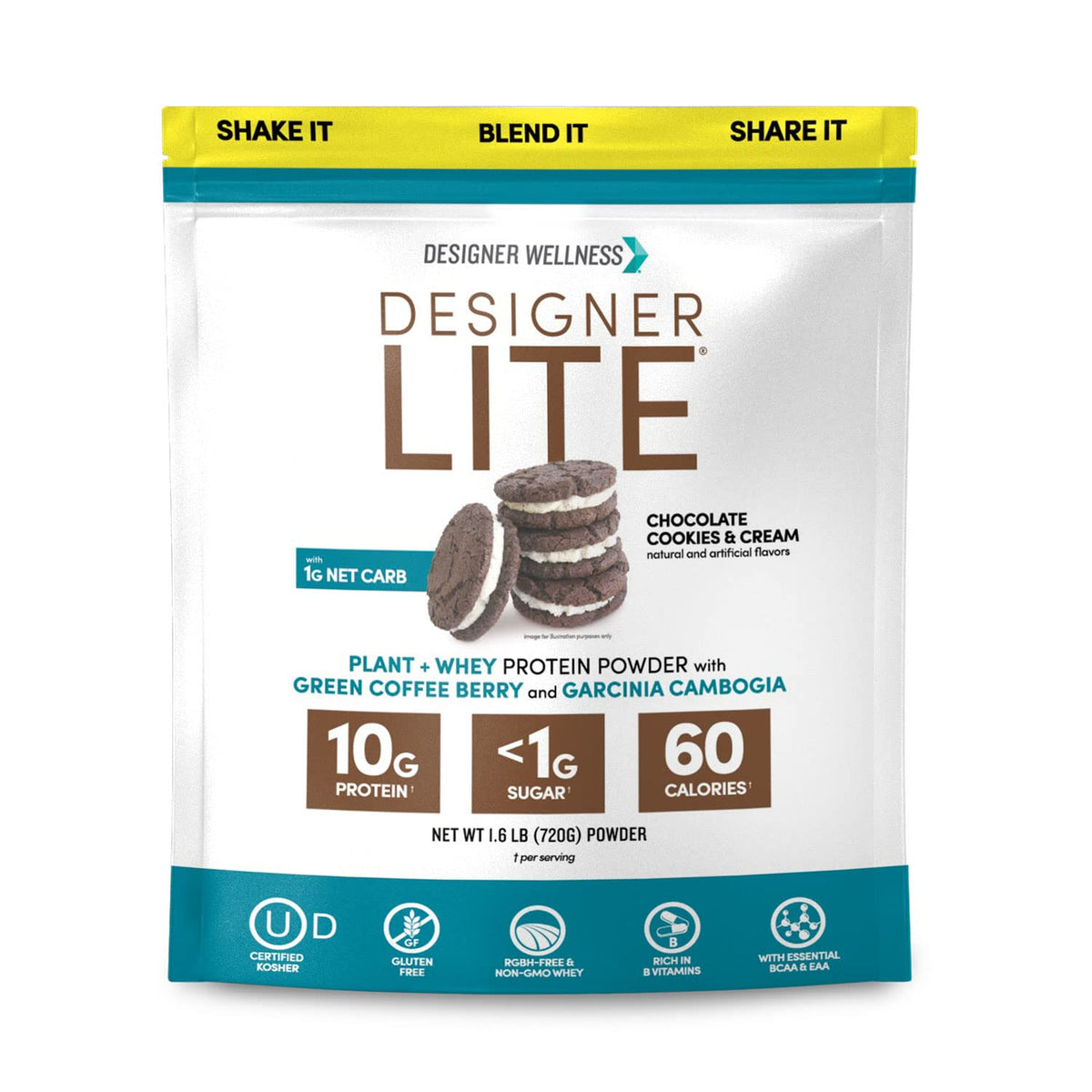 Designer Wellness frente del producto mostrando diseño y sabor Chocolate Cookies & Cream, fácil identificación