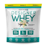 Designer Wellness envase frontal mostrando sabor french vanilla y beneficios claros