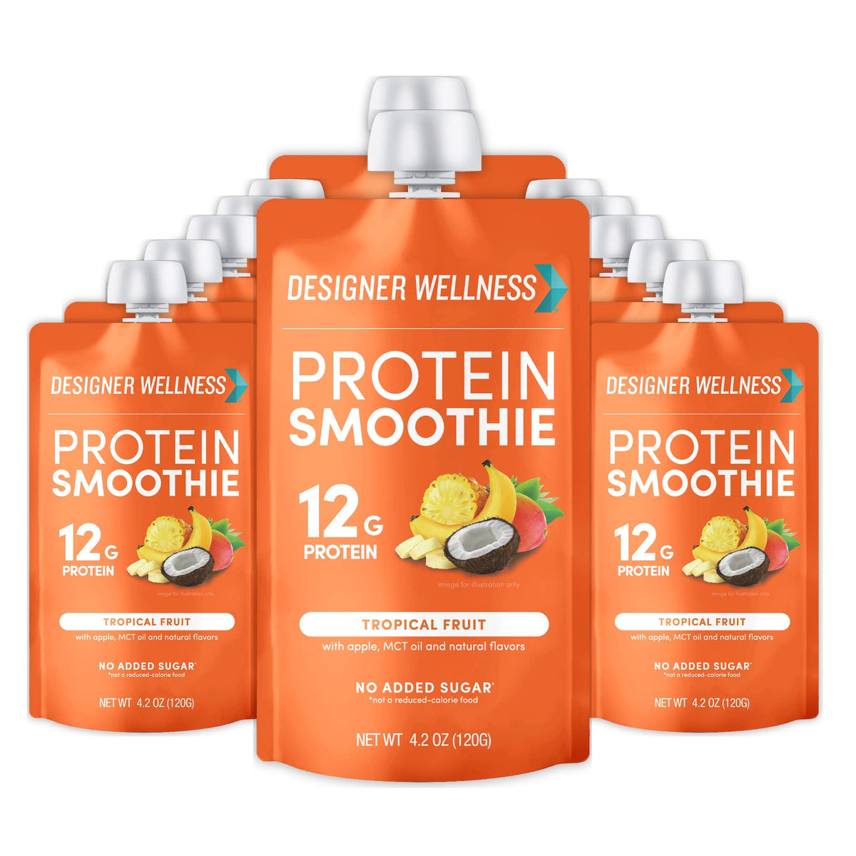 Designer Wellness envase frontal mostrando diseño tropical y aporte proteico
