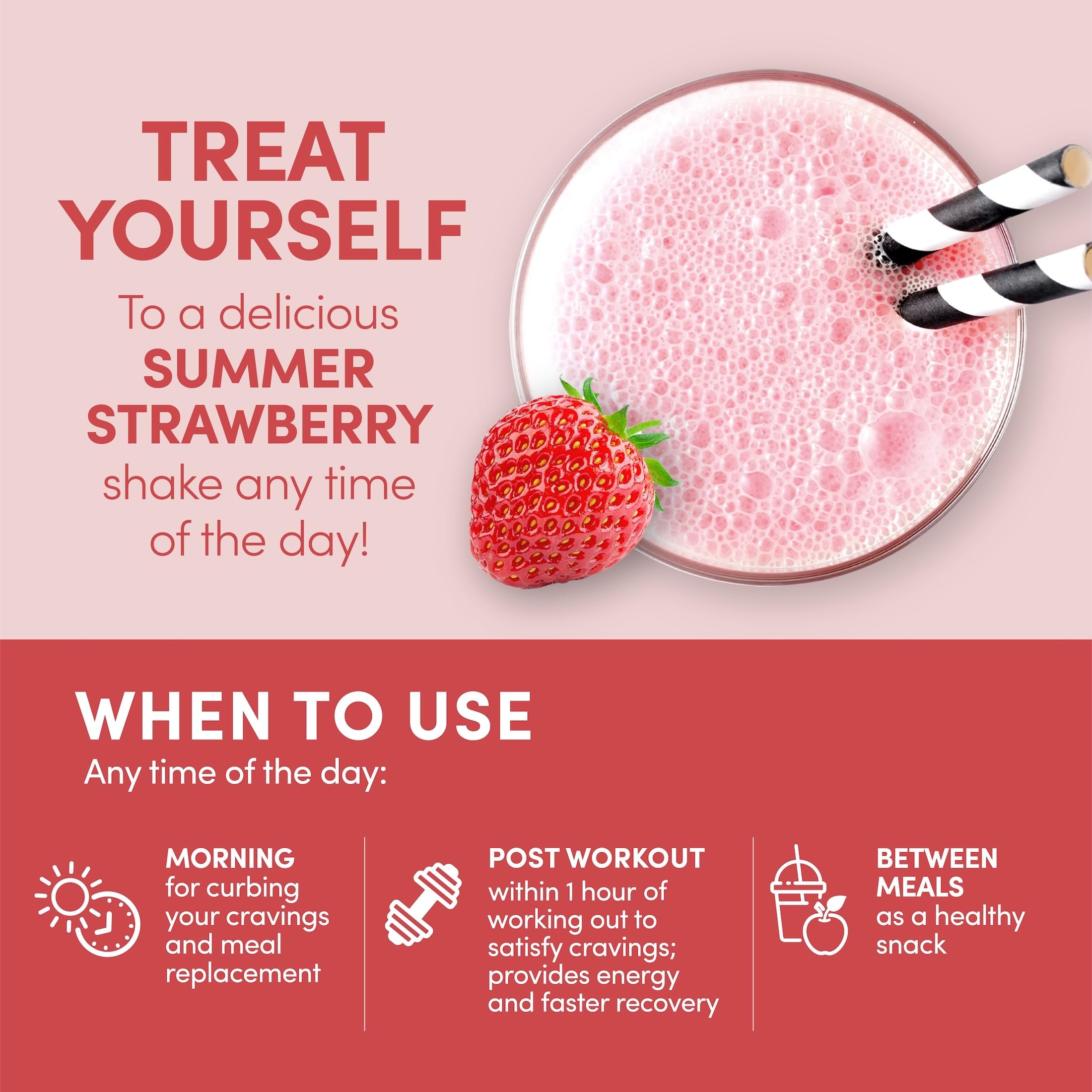 Batido preparado de Designer Whey Summer Strawberry en vaso, sabor fresco y digestión ligera