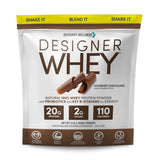 Designer Wellness empaque frontal del polvo chocolate mostrando beneficios