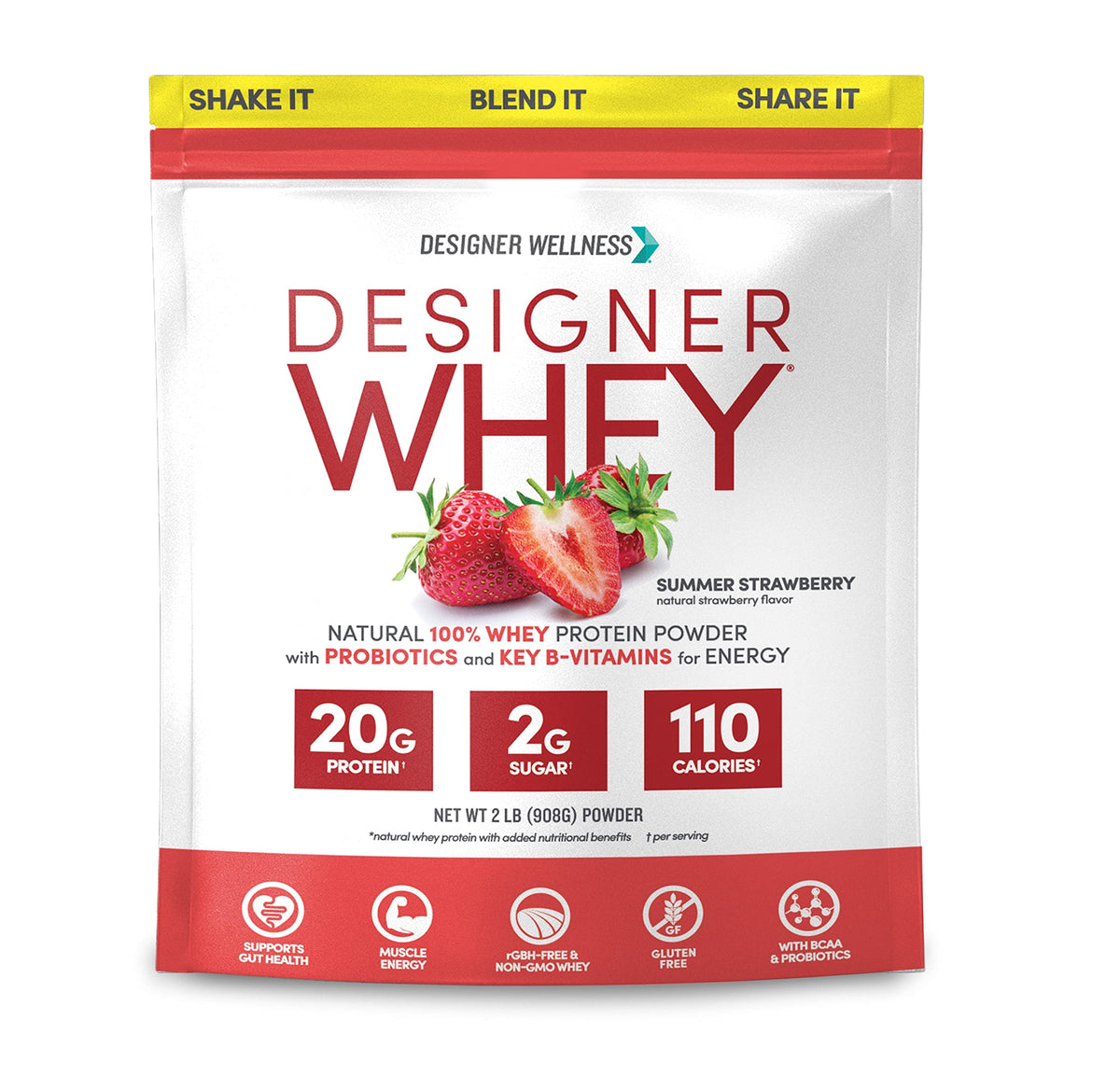 Designer Wellness empaque frontal Summer Strawberry mostrando beneficios y tamaño 2 lb