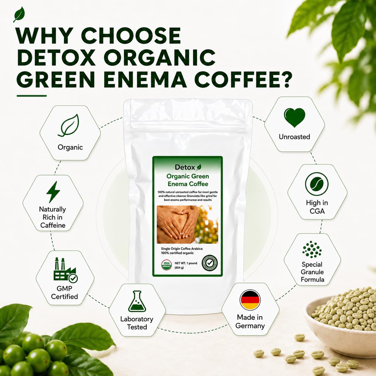Detox Organic Green Enema Coffee escena de baño ordenada, uso terapéutico seguro