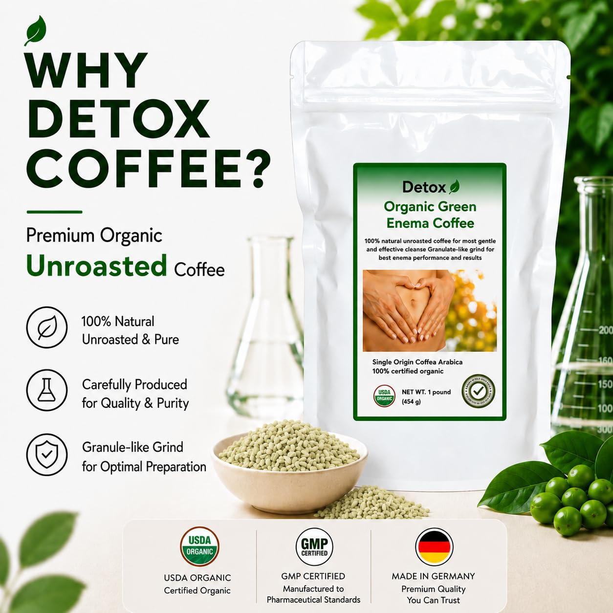 Detox Organic Green Enema Coffee etiqueta y cierre hermético para seguridad