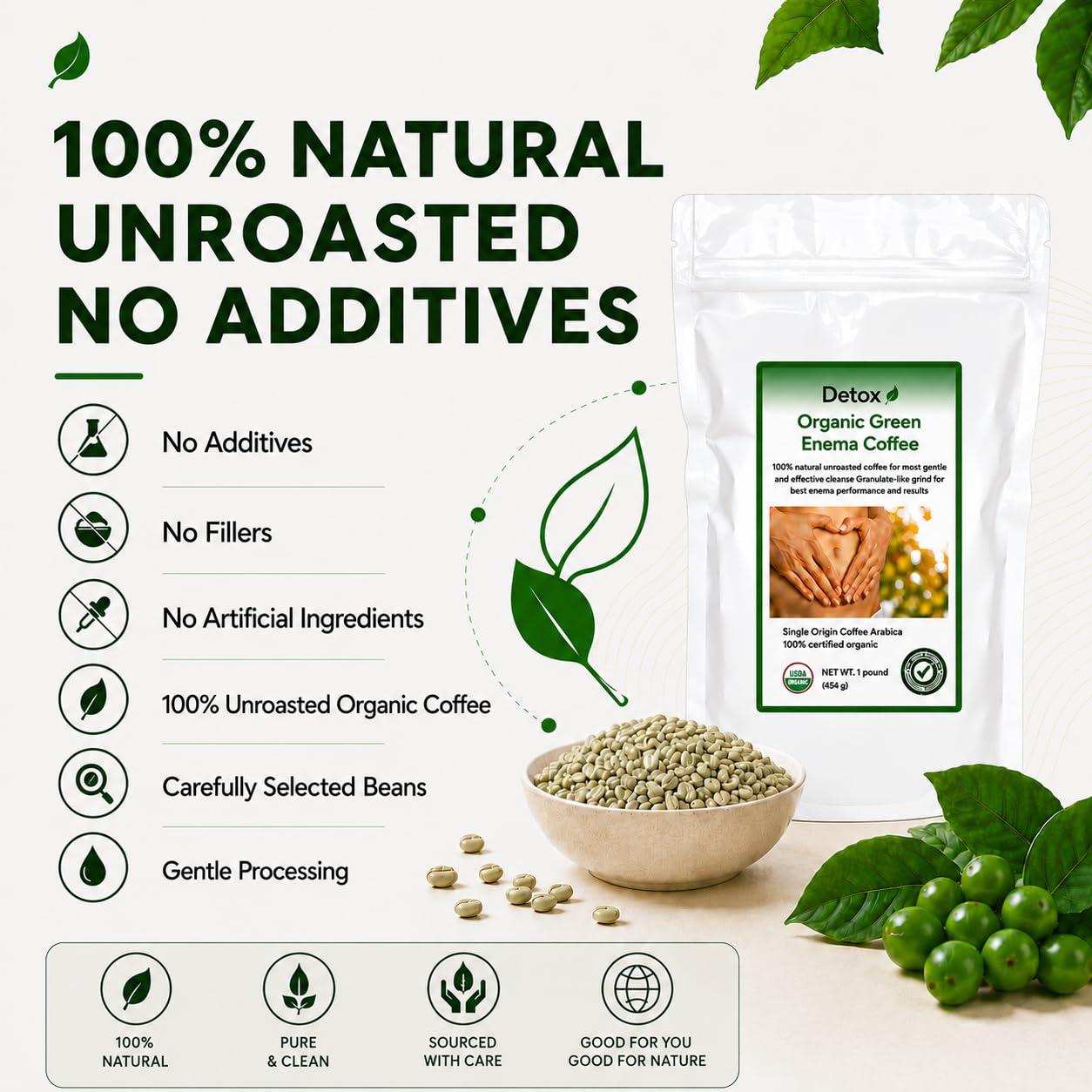 Detox Organic Green Enema Coffee certificados GMP y orgánico en el empaque