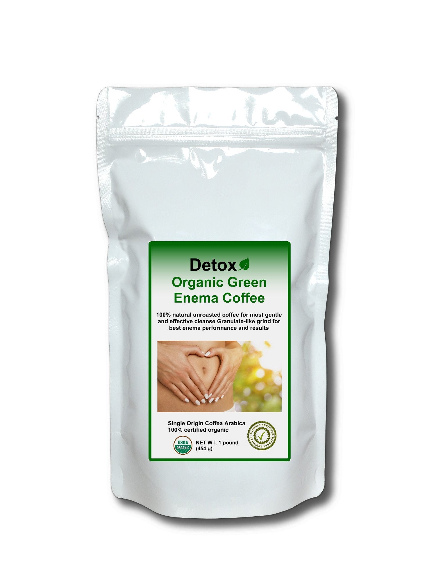 Detox Organic Green Enema Coffee empaque frontal que muestra pureza orgánica
