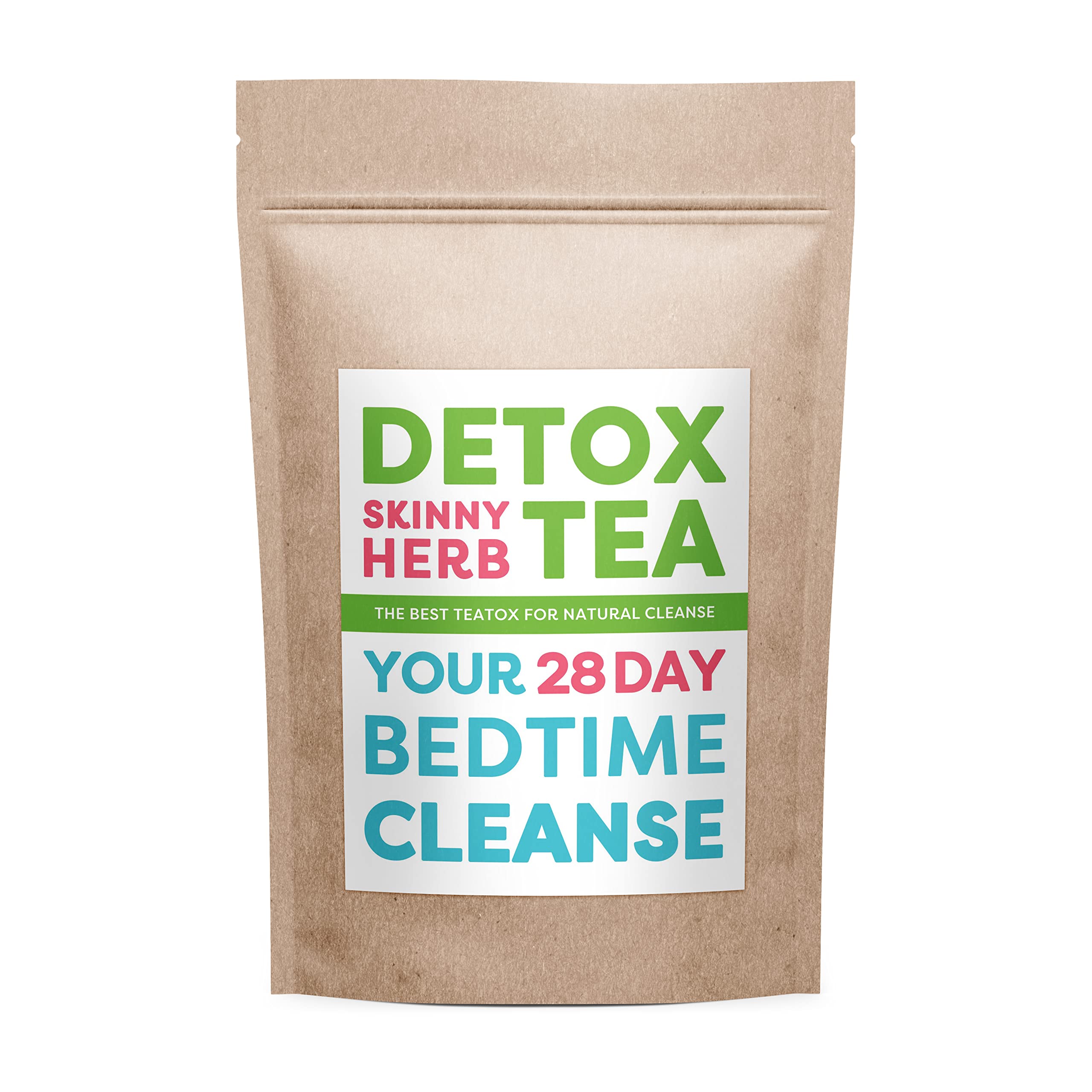 Detox Skinny Herb Tea empaque frontal mostrando el diseño y uso nocturno