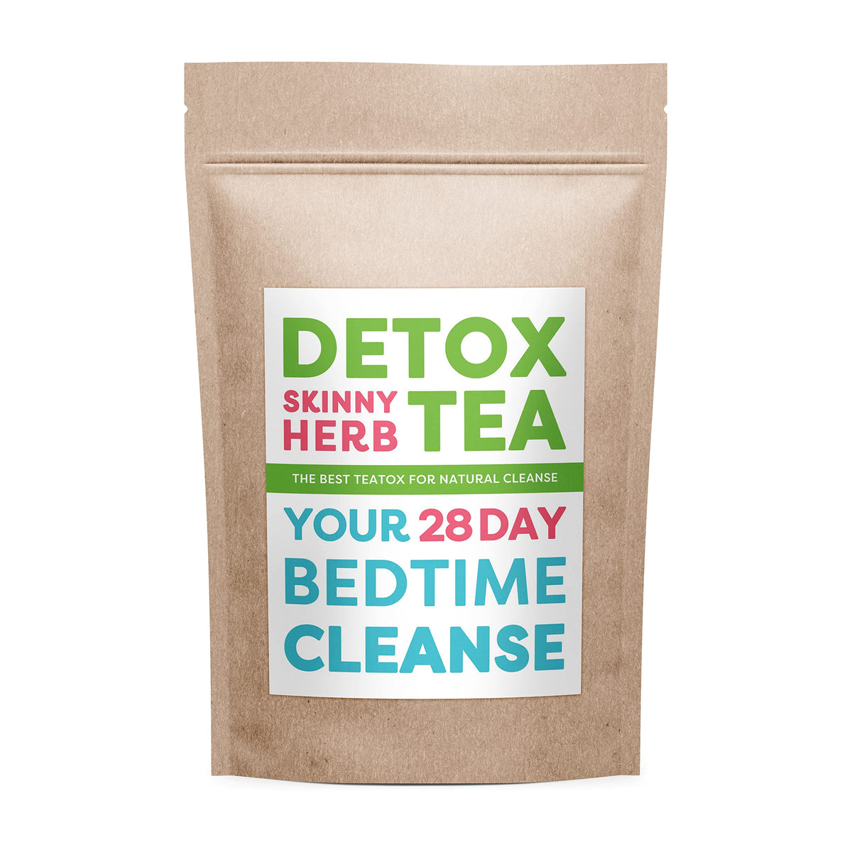 Detox Skinny Herb Tea empaque frontal mostrando el diseño y uso nocturno