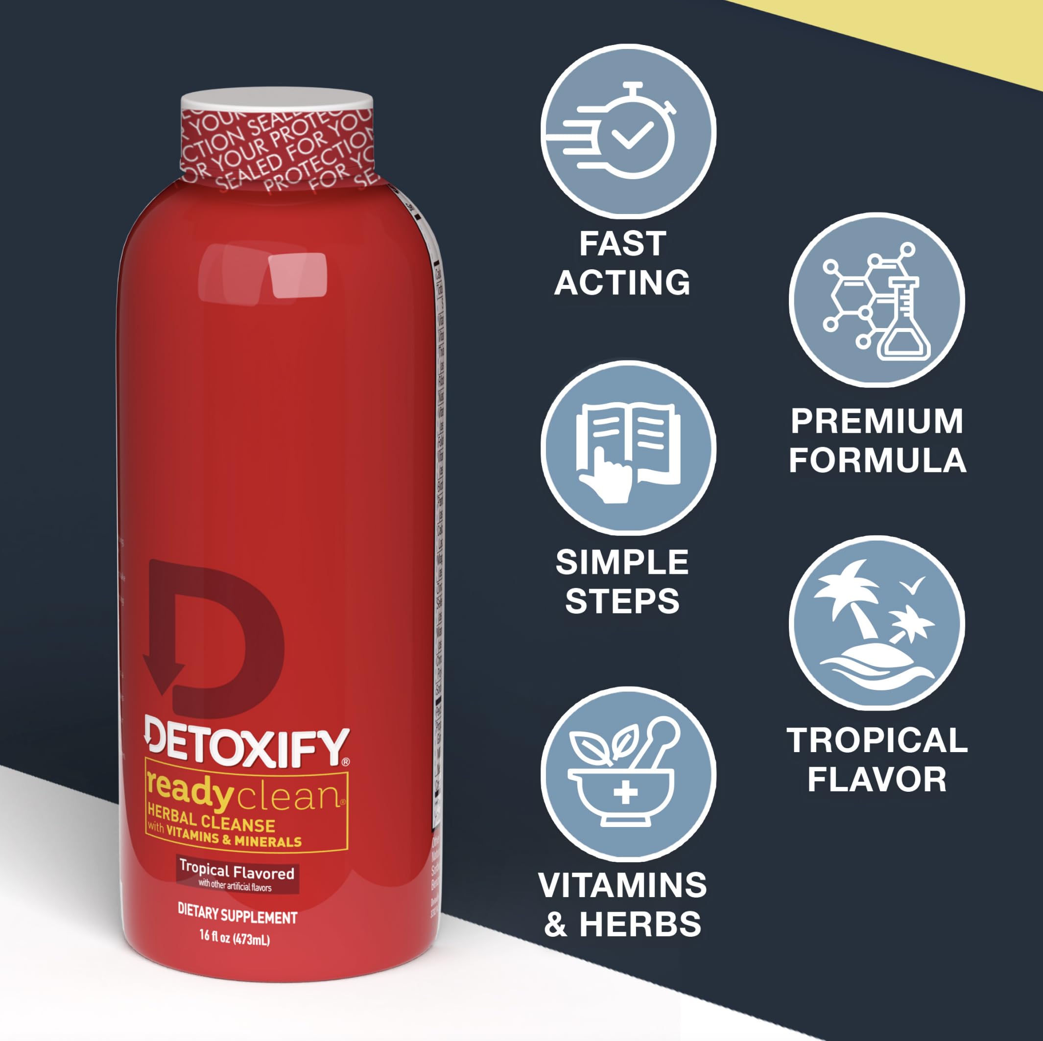 Detoxify envase con pegatina incluida visible, beneficio: elemento promocional añadido