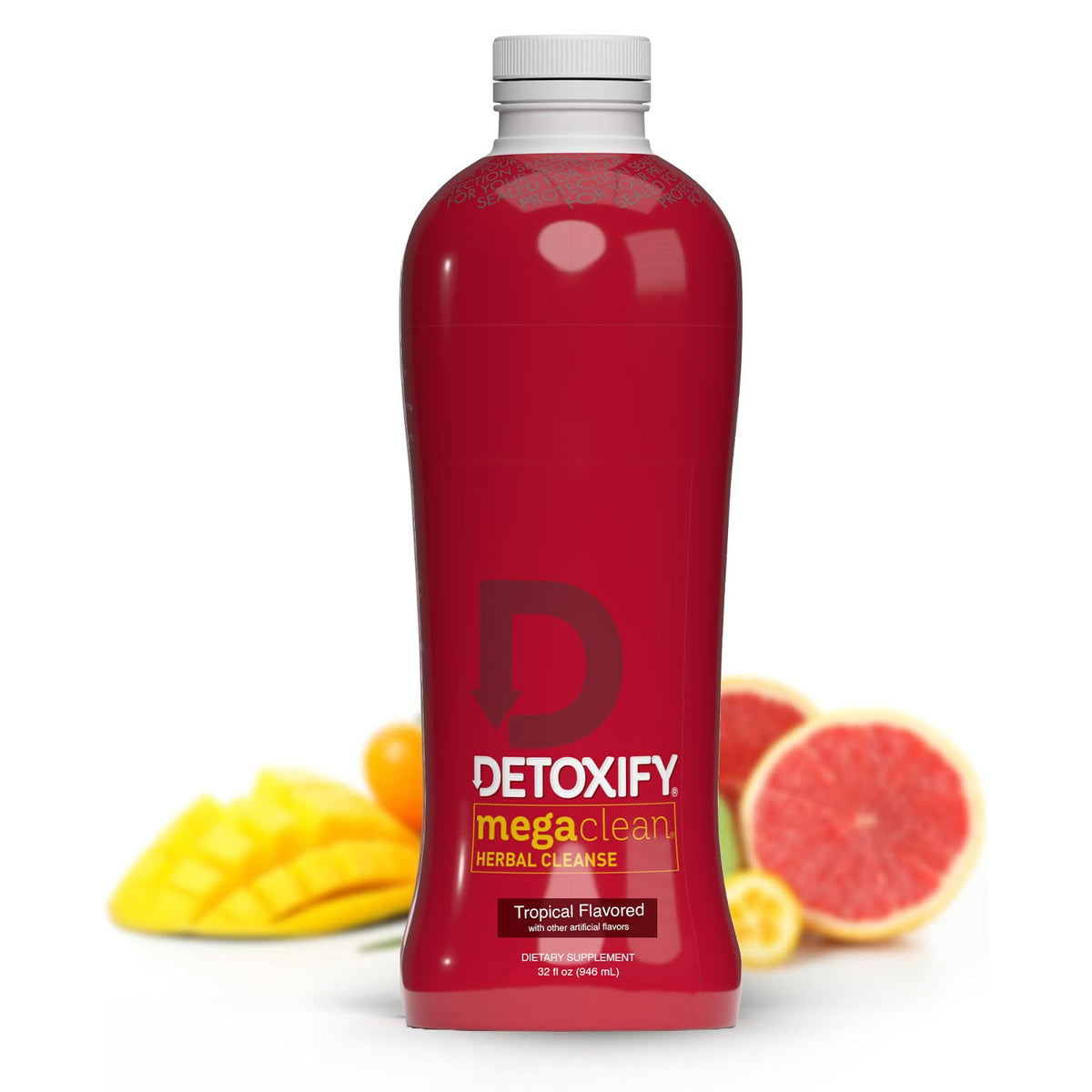 Detoxify botella frontal mostrando etiqueta y tamaño 32 oz para fácil identificación