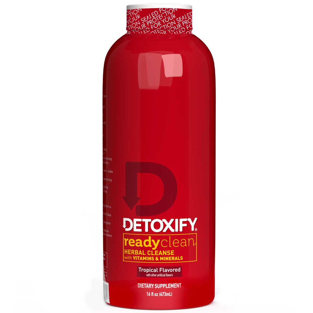 Detoxify botella frontal tropical mostrando marca y tamaño 16 oz, beneficio: fácil identificación