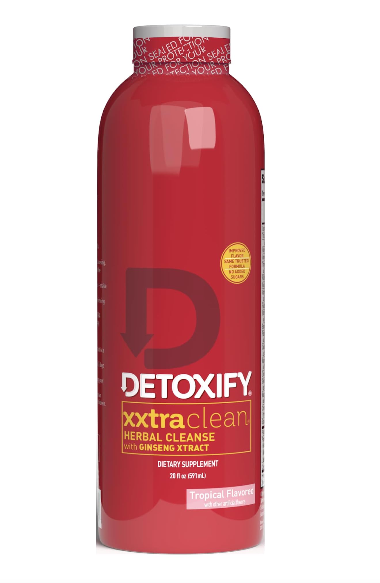 Detoxify frasco frontal 20 oz mostrando etiqueta y sabor tropical, claridad de uso
