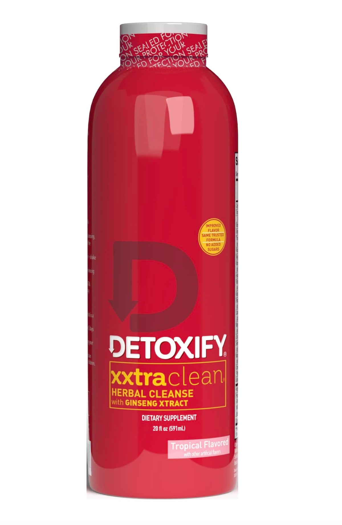 Detoxify frasco frontal 20 oz mostrando etiqueta y sabor tropical, claridad de uso