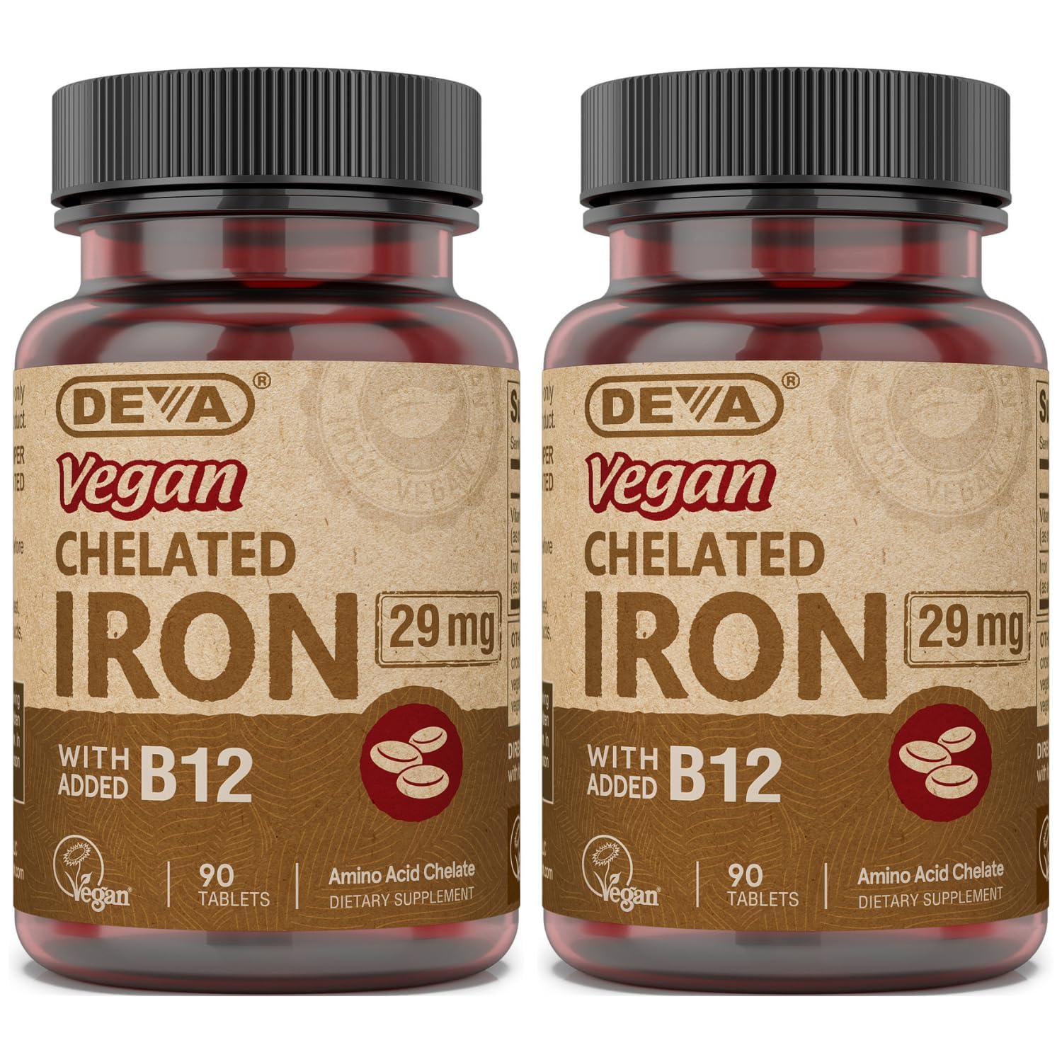DEVA frasco frontal mostrando hierro quelado y B-12 para confianza