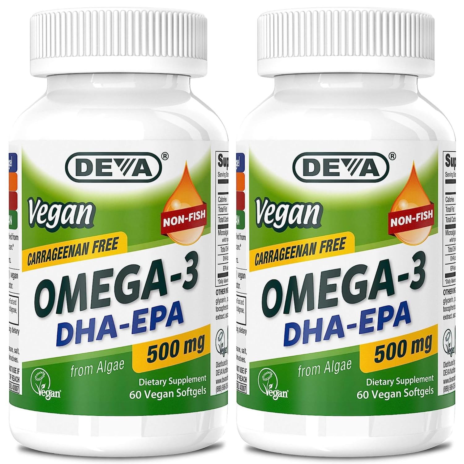 DEVA frasco frontal mostrando cápsulas veganas y beneficios omega‑3