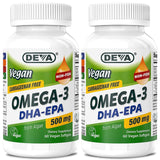 DEVA frasco frontal mostrando cápsulas veganas y beneficios omega‑3