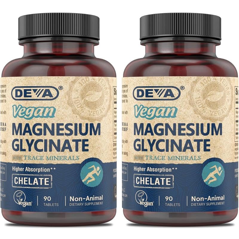 DEVA empaque frontal del suplemento magnesio glicinato mostrando dosis clara y beneficio vegano